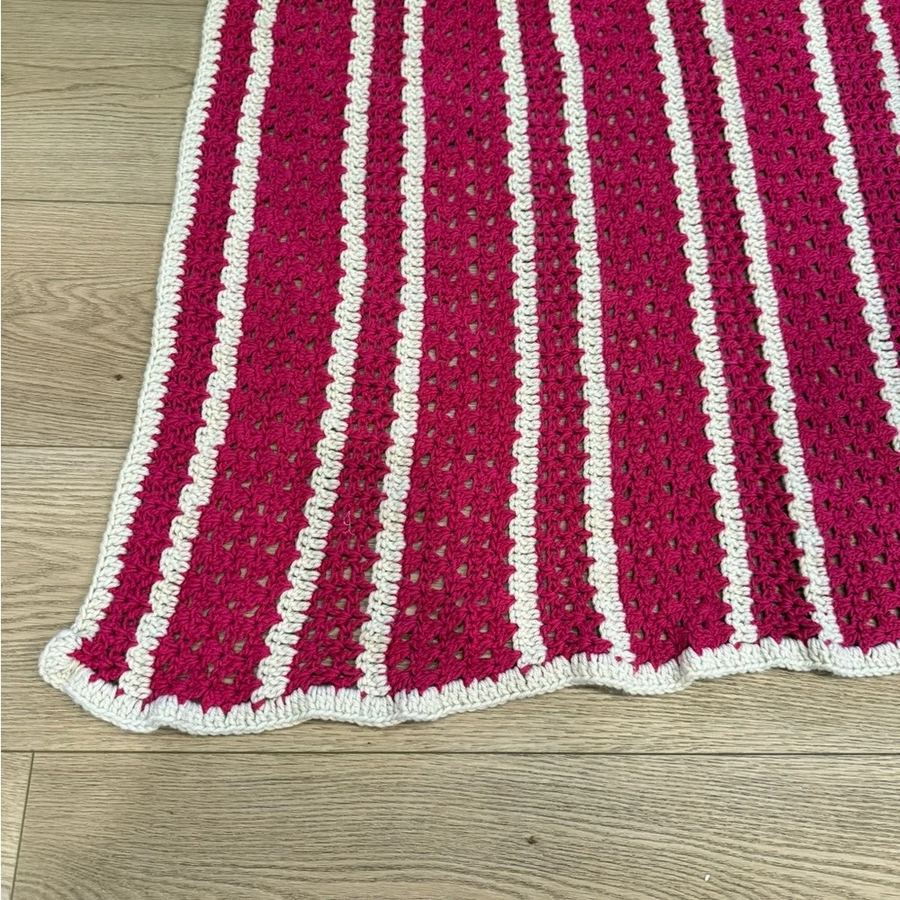 Hot pink and cream striped home made granny crocheted Afghan throw blanket 44x36